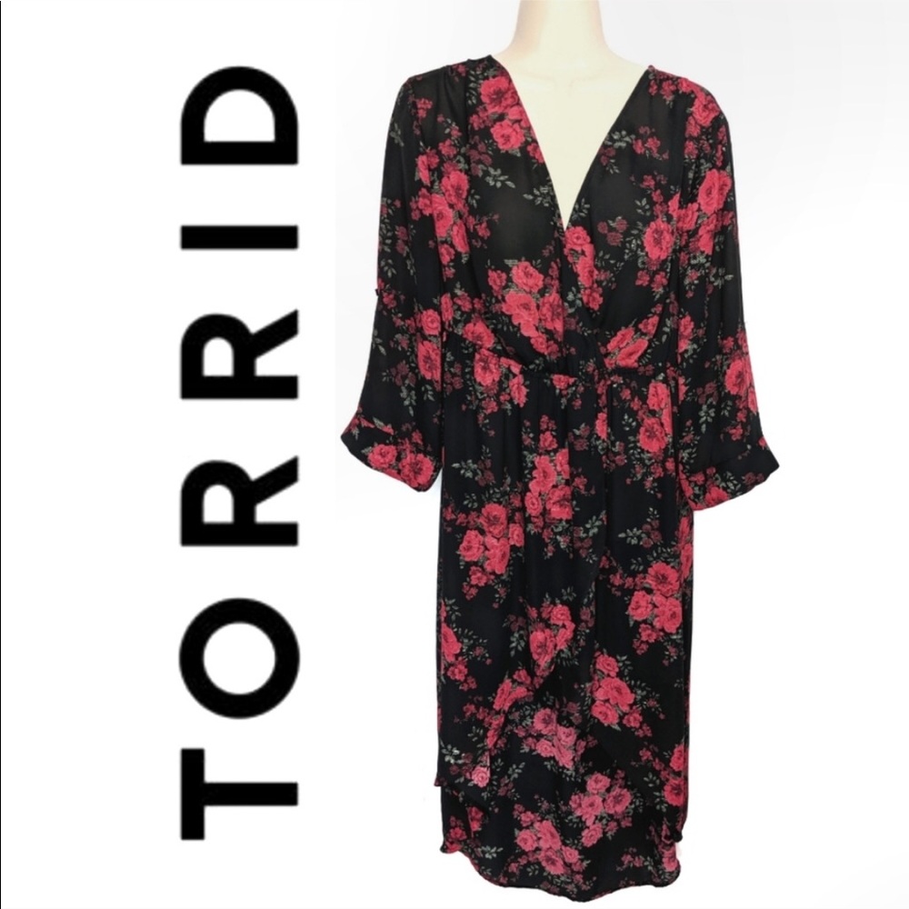 Floral Hi•Low Faux Wrapped Kimono Style Dress 1X